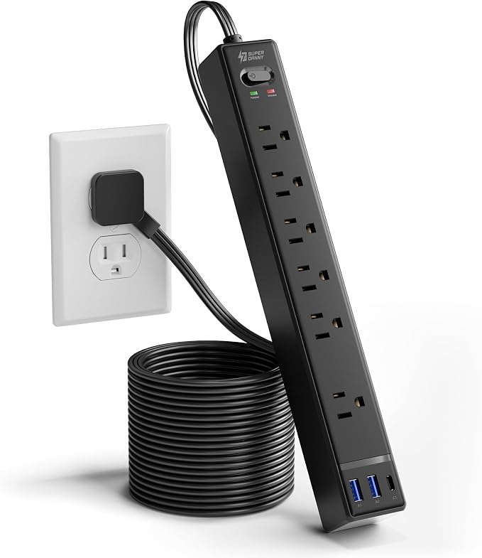 10Ft Long Extension Cord, SUPERDANNY Flat Plug Surge Protector Power Strip | - Image 9