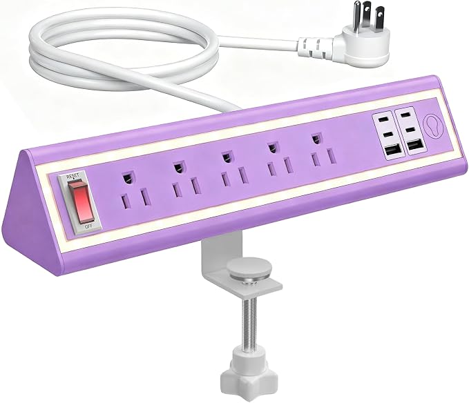 Desk Clamp Power Strip with Nightlight, 40W Fast Charging, 10FT Extension Cord by NYYTGE