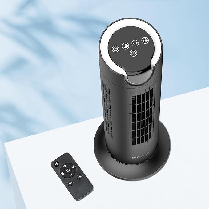 DR.PREPARE Tower Fan for Bedroom, 25 dB Quiet DC Bladeless Fan with Remote, 8 Speeds, 1-8H Timer, 80° Oscillating Fans for Indoors, 16 Inch Portable Desk Table Fans for Room, Home, Office