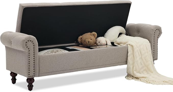 SOFTHION 67" Storage Bench for Bedroom, Linen Upholstered, Light Brown | King - Image 3