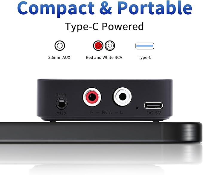 M1R Bluetooth 6.0 Wireless Audio Receiver & Adapter Ideal for TV, Stereo, Speakers, with RCA & AUX, Hands-Free Calling, 20m Range