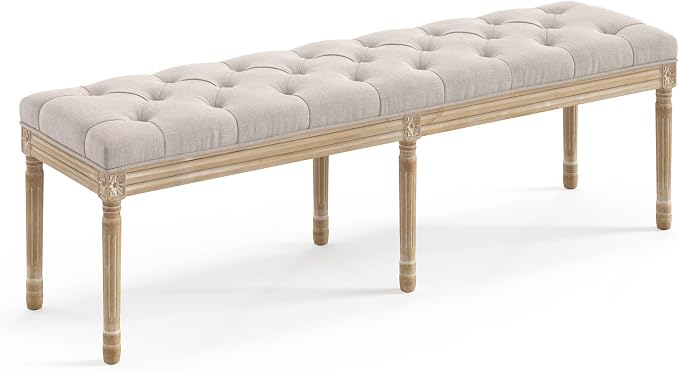 LUE BONA 60" Fabric End of Bed Bench, Upholstered Tufted French Bedroom Bench by LUEBONA