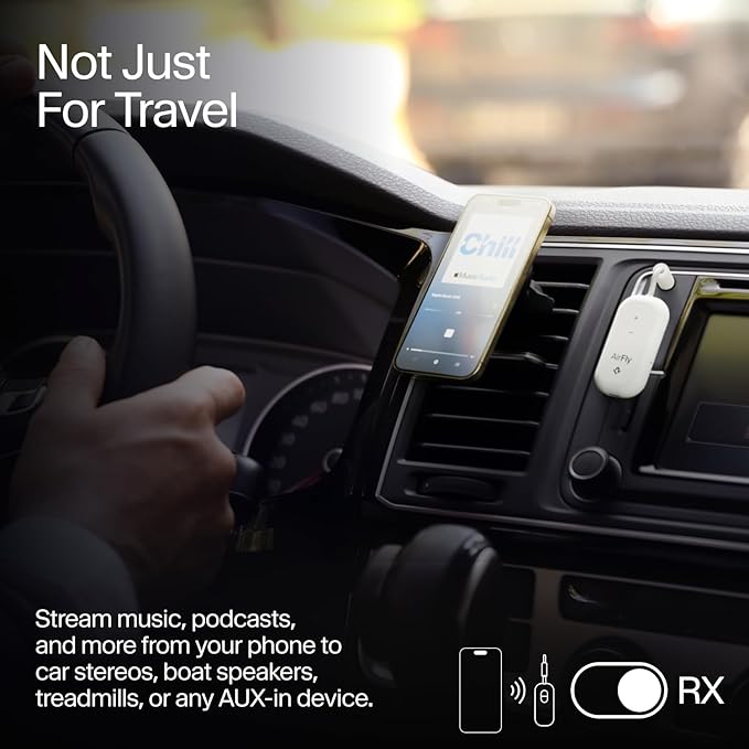 AirFly Pro 2 – Bluetooth Adapter, Pair 2 AirPods or Wireless Headphones – 3.5mm AUX Bluetooth Transmitter and Receiver for Cars, Boats, Treadmills, TVs & More – Travel Essentials,White