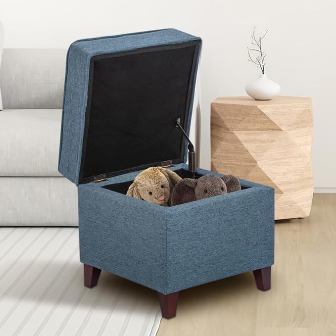 Adeco 17" Square Ottoman with Storage, Small Blue Storage Ottoman Foot Rest with Hinged Lid & Solid Wood Legs, Linen Fabric Foot Stool for Living Room & Bedroom, Seasonal Home Refresh & Gifting