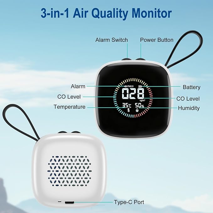 Portable Carbon Monoxide Detector,3-in-1 Rechargeable Co Monoxide Detector with Fahrenheit(°F/℃) & Humidity,Co Detector for Travel Camp Motor Home Basement Hotel