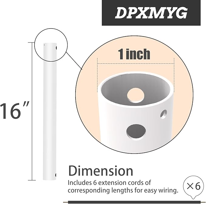 DPXMYG 16 inch Ceiling Fan Downrod with Extension Cord, White Downrod for Ceiling Fan, 1 inch Outside Diameter, Ceiling Fan Boom Suitable for a Wide Range of Fans (White, Not Threaded)