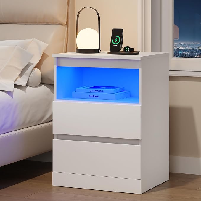 Nightstands with Charging Station, LED Lights and Drawer, Sofa Side End Tables - Image 7