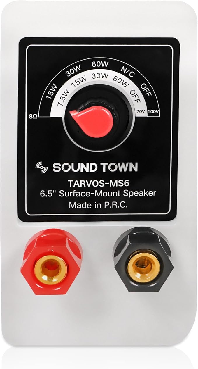 Sound Town Commercial Restaurant Bluetooth Amplifier + Surface-Mount Speaker Set, with One 6-Zone 70V/100V Amplifier with Bluetooth, 4 x 6.5-Inch Surface-Mount Speakers, White (STCA180X4MS6W)