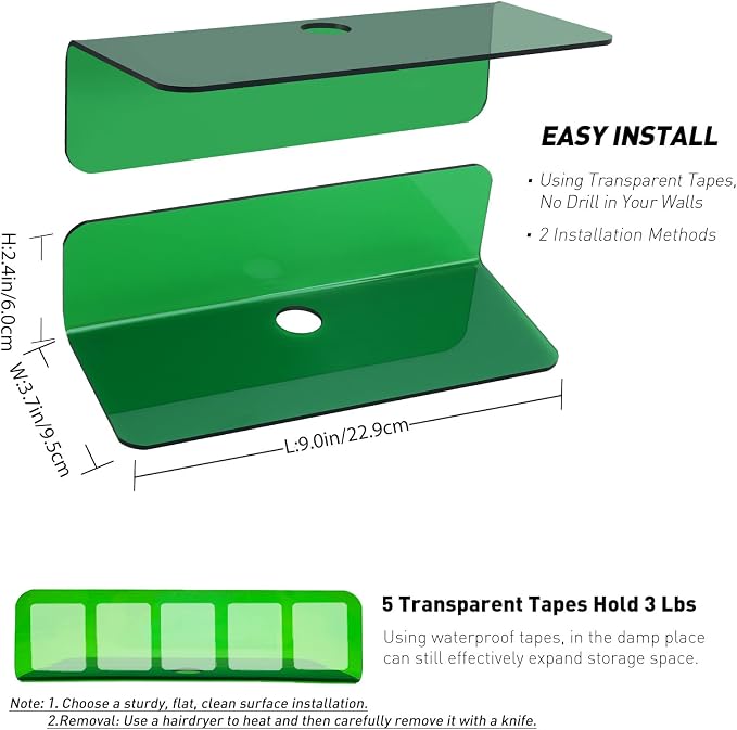 OAPRIRE Acrylic Floating Wall Shelves Emerald, No Drill, 9 Inch 2 Pack | Strong - Image 2