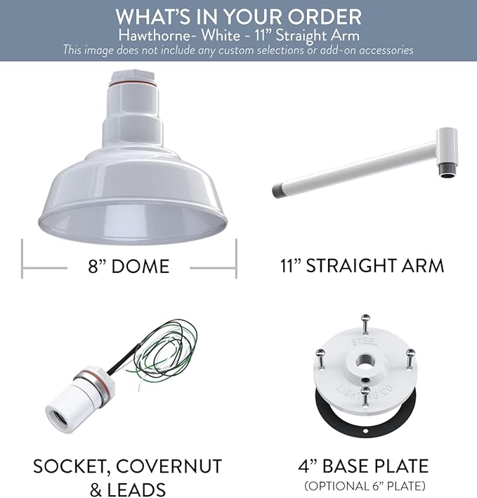 Steel Lighting Co. Hawthorne Barn Light | Outdoor Wall Mounted | 8 inch Dome | 11 inch Straight Arm| Small Farmhouse Light Made in America | White Exterior/White Interior