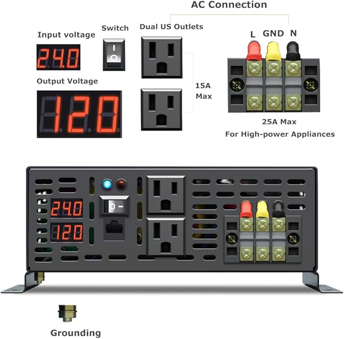 WZRELB 5000W 24VDC 120VAC Pure Sine Wave Power Inverter, 2 AC Outlets, Wired Remote Control, RV (RBP-500024WR)