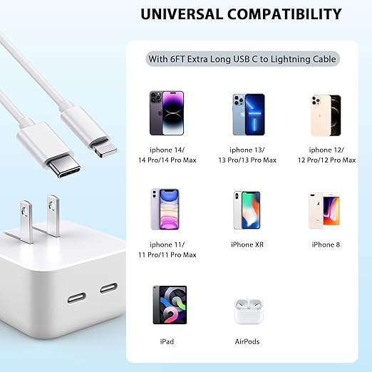 iPhone Charger Fast Charging, 40W Dual USB C Wall Charger Apple MFi Certified Dual USB-C Port Power Adapter with 2Pack 6FT USB-C to Lightning Cable for iPhone 14 Plus/13/12/11/XS/XR/X/iPad Wall Block