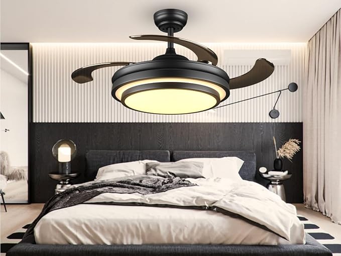 48 Inch Retractable Ceiling Fan with Lights and Remote,Black Fandelier Ceiling Fan with APP Control 6 Speed Dimmable LED Ceiling Fans Silent Reversible Motor for Bedroom Kitchen Living Room