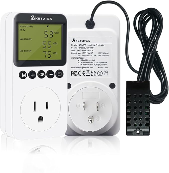 KETOTEK Digital Humidity Controller Outlet Plug with Sensor Probe, 120V Humidistat Controller Plug for Reptile Mushroom Greenhouse, Humidity Switch Outlet