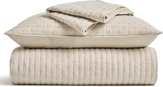 100% Cotton Cross Stitch 3-Piece Quilt Set, Flax Beige | 100% Cotton, Elegant - Image 9