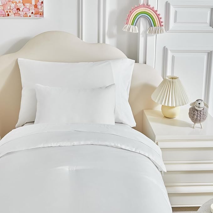 Toddler Bedding Set - 5 Piece Soft and Breathable Toddler Bed Set for Boys and Girls, Includes Quilted Comforter, Fitted Sheet, Flat Top Sheet, Standard Pillowcase and Toddler Pillowcase, White