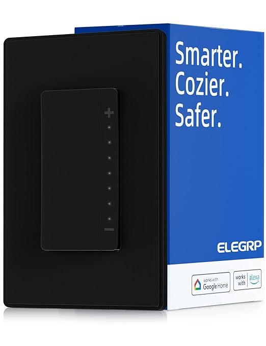 ELEGRP Single Pole Smart Dimmer Light Switch DPR10, 2.4GHz Wi-Fi Dimmer Switch Compatible with Alexa and Google Assistant, Needs Neutral Wire, No Hub Required, UL and FCC Listed, Black, 1 Pack