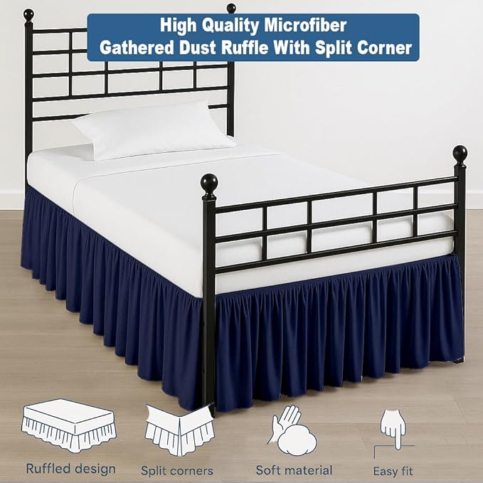 Ruffled Bed Skirt Split Corners with Platform, Tailored Fit Hotel Quality Wrinkle Free Ultra-Soft Microfiber Dust Ruffle, Upto 21 Inch Drop, Queen, Navy Blue