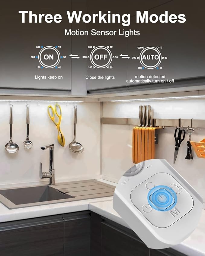 Feuymoent Motion Sensor LED Strip Light - Cabinet Strip Lights with 24W Plug, Dimmer and Timing, Indoor Light Strips for Kitchen Cabinets, Stair, Under Bed, Showcase, Bedroom, 9.84ft 6000K ColdWhite