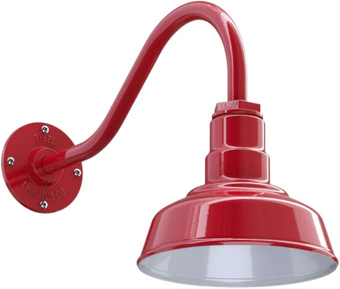 Steel Lighting Co. Hawthorne Barn Light | Outdoor Wall Mounted | 8 inch Dome | 16 inch Gooseneck| Small Farmhouse Light Made in America | Red Exterior/White Interior