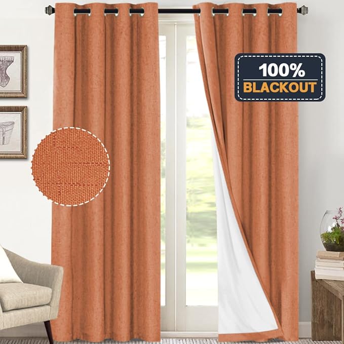 PrinceDeco 100% Absolutely Blackout Linen Curtains with Thermal Insulated White Liner Extra Long Curtains for Living Room Bedroom Noise Reducing Window Treatments Drapes,Set of 2,52 x 108 Inch,Orange