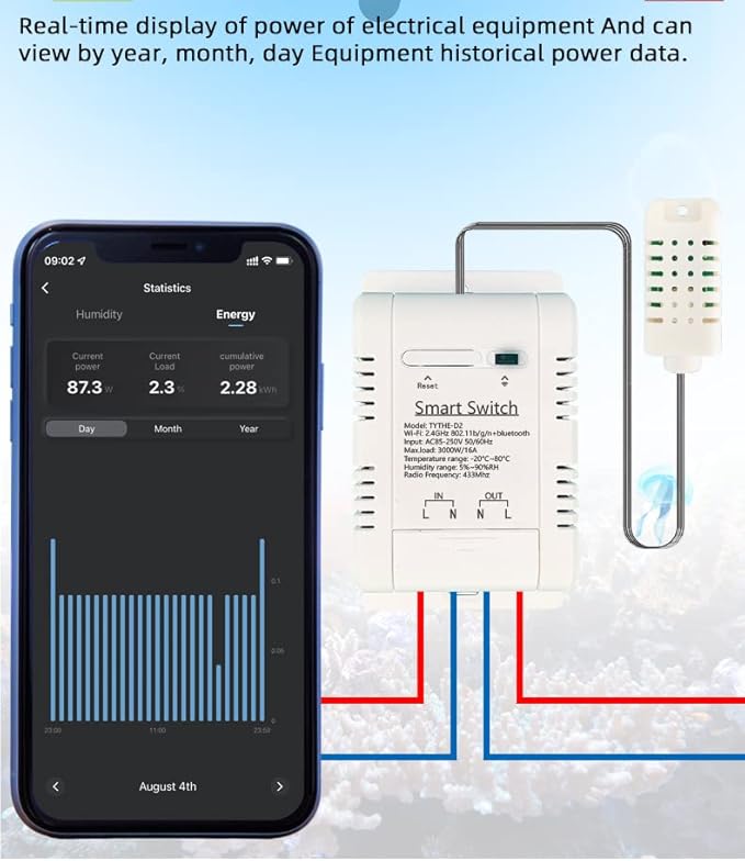 MHCOZY WiFi Wireless Temperature Controller,Include Temperature Probe Sensor ,Tuya app Remote 16A Smart Switch with Energy Consumption Monitoring,Work with Alexa Google (Temperature and Humidity)