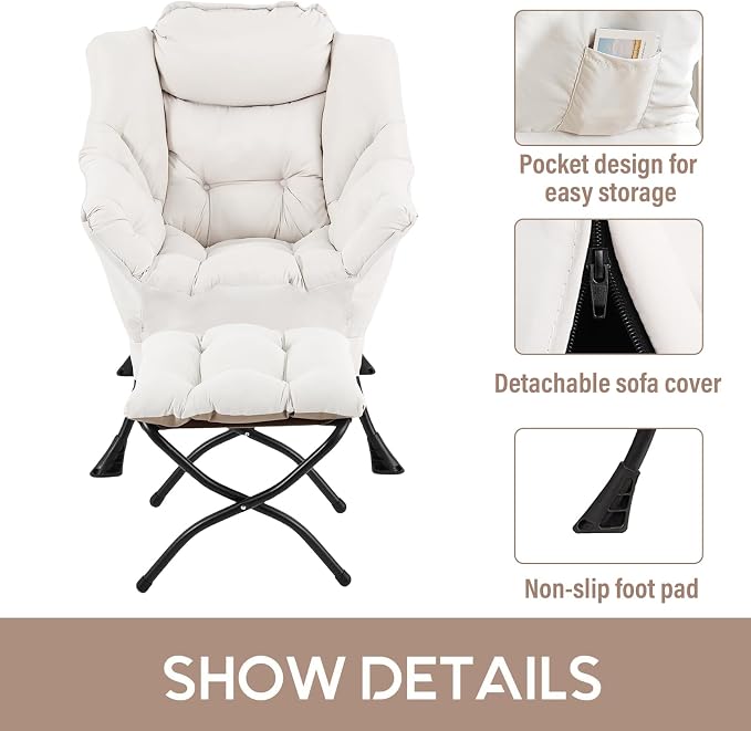 Lazy Chair with Ottoman, Comfy Accent Reading Chair, Removable Cover, with - Image 4