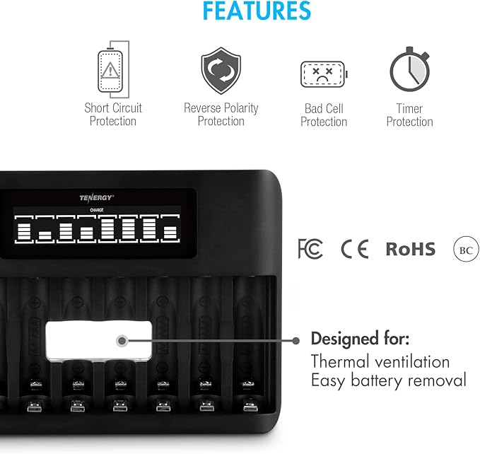 Tenergy TN480U 8-Bay LCD Display Fast Charger for NiMH/NiCD AA AAA Rechargeable Batteries with Mirco USB and USB Type C Input for AA and AAA Rechargeable Batteries