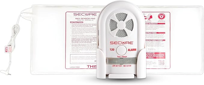 Secure Bed Exit Alarm for Elderly Adults Fall Prevention - 80-120 dB Monitor,12x30 Weight Sensing Pressure Pad - Caregiver Alert System for Seniors, Dementia Patients to Know When They Get Up