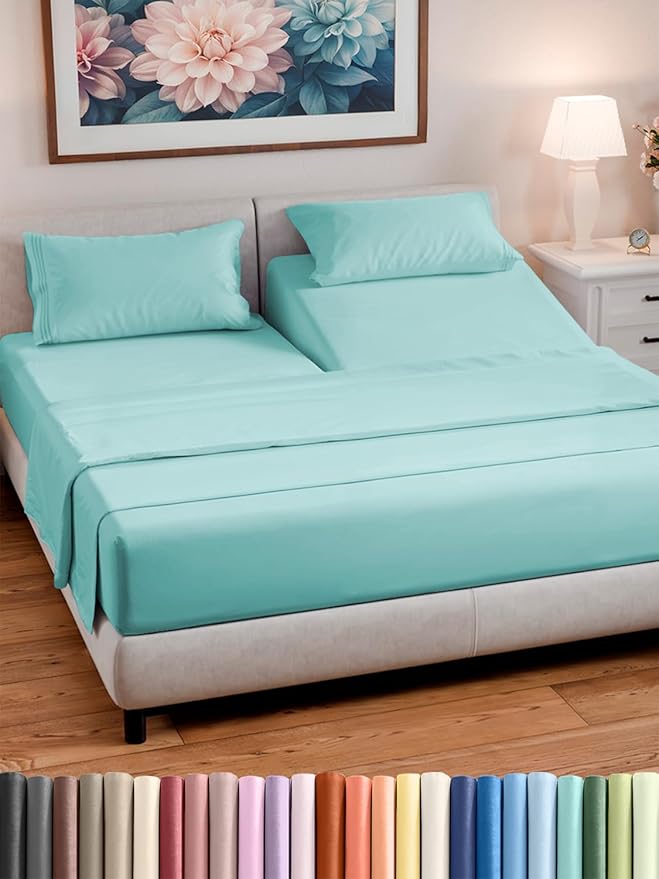 Split Head King Sheet Set – 4 Piece Flex Split Top King Sheets for Adjustable Beds - Fits 14” to 16" Mattress w/ Deep Pockets - Soft, Breathable & Cooling - Luxury Bedding and Wrinkle Free - Spa Blue