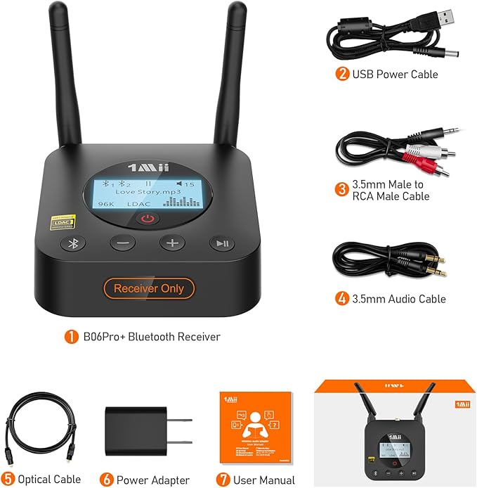 1Mii B06Pro+ Hi-Fi Bluetooth 5.2 Audio Receiver, LDAC Hi-Res Wireless Audio Adapter for Home Stereo w/aptX HD Low Latency, LCD Display, Long Range, Volume Control, 3.5mm AUX Optical Coaxial