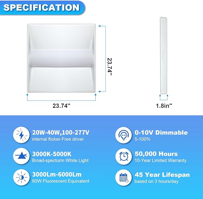 Cortelco 2x2 LED Troffer Light–20W/25W/30W/35W/40W,Up to 6000 Lumens,4 CCT Selectable 3000K/3500K/4000K/5000K,0-10V Dimmable Drop Ceiling Panel – 100-277V,ETL & DLC Listed,Commercial Grade,4-Pack