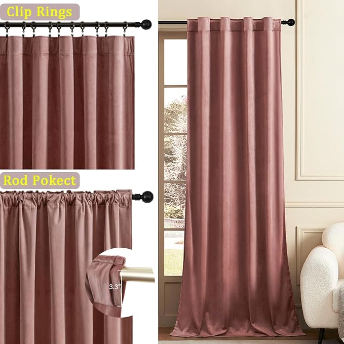 Timeper Wild Rose Pink Velvet Curtains 90 inches 2 Panels, Light Blocking - Image 2