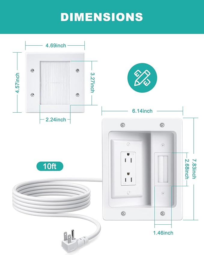 HAPYTHDA in Wall Cable Management Kit,TV Cord Hider for Wall Mounted TV with Two Triple Outlet and 10ft Cord,20A TV Wire Hider for Wall Easy Achieve Safe Cable Management