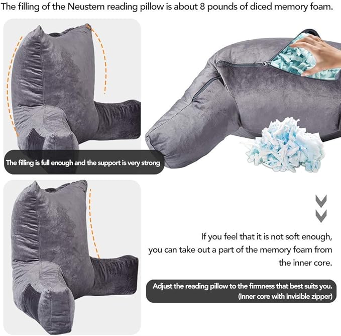 Neustern Reading Pillow for Sitting in Bed Adult, Back Pillow for Bed Shredded Memory Foam Chair Pillow with Arms and Pockets, Backrest and Support with Washable Cover for Watching TV/Gaming/Relaxing