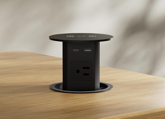 MAZZGOFOR Pop up Outlet - 4-inch Hole,4-AC Outlet,20W USB C,15W Wireless Charging,2-USB Port,Desktop Recessed Grommet Power Outlet for Kitchen Island Countertop,6 ft Cable,Black