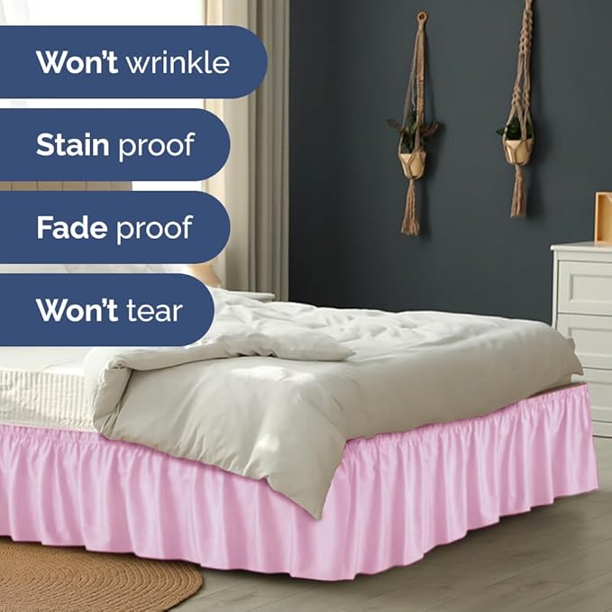 Wrap Around Dust Ruffle Bed Skirt - Light Pink - for Full Size Beds with 18 Inch Drop - Elastic Strap - Adjustable Pleated Bedskirt with Brushed Fabric and Wrinkle Free - for Women, Men, Kids & Teens