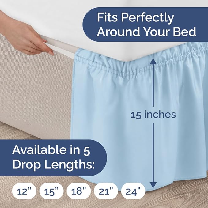 Wrap Around Dust Ruffle Bed Skirt - Light Blue - for King Size Beds with 15 Inch Drop - Elastic Strap - Adjustable Pleated Bedskirt with Brushed Fabric and Wrinkle Free - for Women, Men, Kids & Teens
