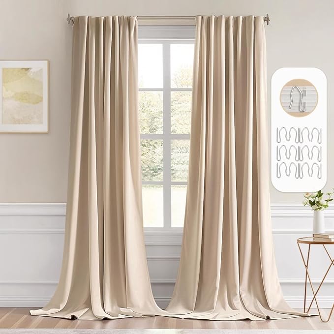 MIULEE Beige Back Tab Blackout Curtains 52x102 Inch Long 2 Panels Set | Rod by MIULEE
