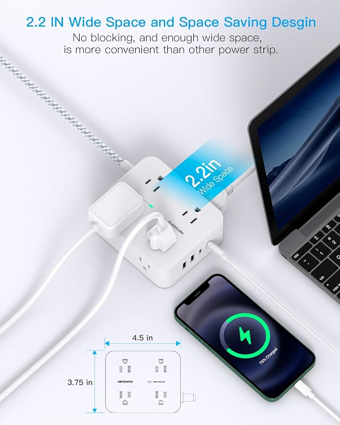 HANYCONY Surge Protector Power Strip 15 Ft Long Cord, Flat Plug | Extension Cord - Image 3