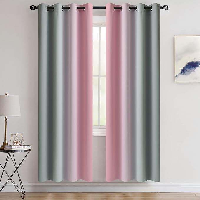 COSVIYA Grommet Ombre Blackout Pink and Grey Curtains, W52 x L72 inch | Room - Image 2
