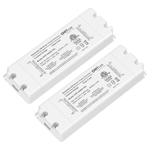 EMITEVER Triac Dimmable Driver,2 Packs 25W Power Supply,AC 120V to DC 24V Transformer,Compatible with Lutron and Leviton Dimmers,for LED Lighting,Class 2,ETL Certified