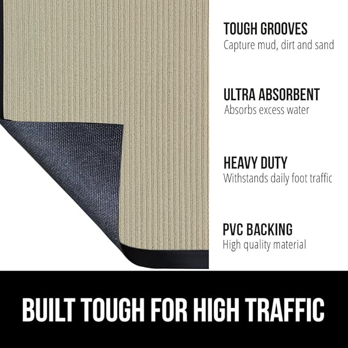 GORILLA GRIP Waterproof Traffic Guard Door Mat, 47x35, Heavy Duty Entryway Mats, Strong Rubber Back Commercial Utility Rugs for Office Hallway, Garage Floor and Home, Low Profile Carpet Runner, Beige