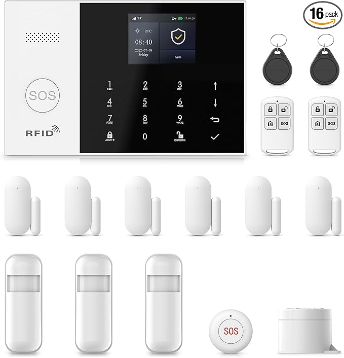 Home Alarm System Wireless,16Pcs WiFi+4G with Phone App & Remote Control Alarm System,Door/Window Sensors,Motion Detectors,for Smart Life or Tuya APP,Compatible with Alexa NO Monthly Fees