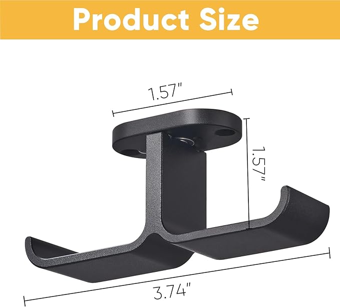 Under Desk Headphone Hanger with Strong Adhesive and Screws Mount, 360° Rotatable Dual Headset Holder Stand, Aluminum Metal Adjustable Headphone Hook, Perfect for Home Gaming & Office - Black