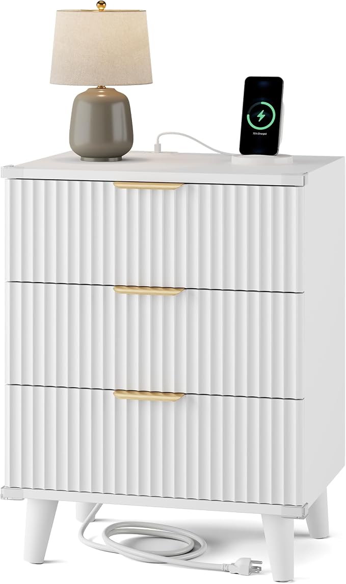 Wood Bedside Table w/Charging Station, 3 Drawers Fluted Dresser | White by Lulive