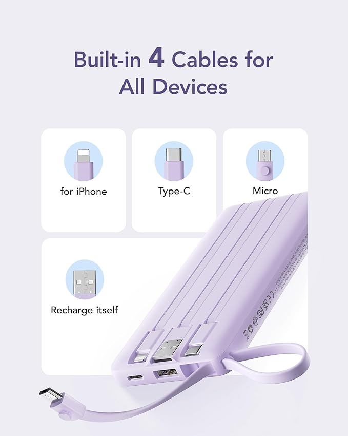 VRURC Portable Charger Power Bank, 10000mAh Travel Essentials Battery Pack, 5 Outputs 2 Inputs Slim Charging Bank Built-in Cables Cords for iPhone 17 16 15 14 13,Samsung,Android-Lavender(1 Pack)