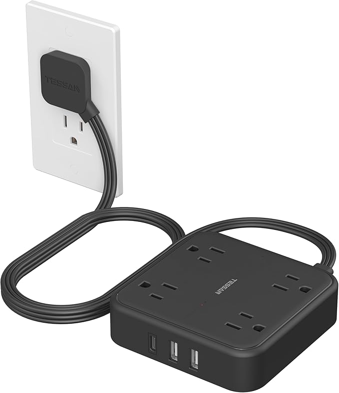TESSAN Surge Protector Flat Extension Cord 5Ft, Flat Plug Power Strip | 4 by TESSAN