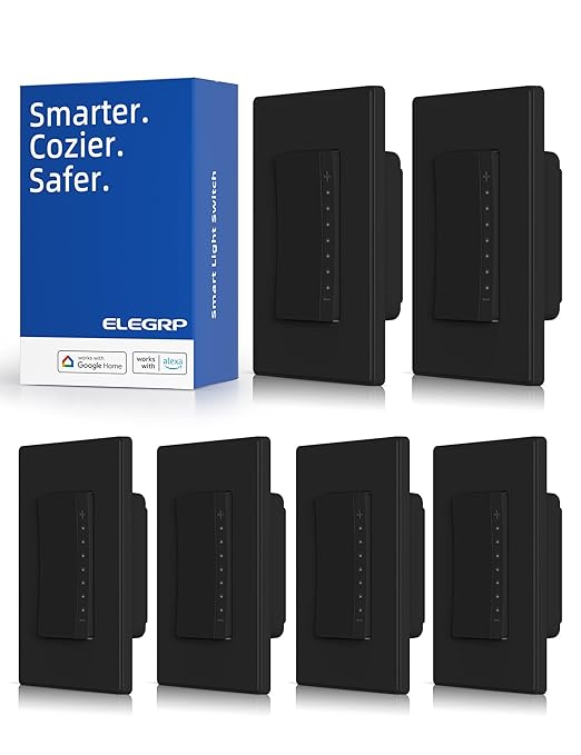 ELEGRP Single Pole Smart Dimmer Light Switch DPR10, 2.4GHz Wi-Fi Dimmer Switch Compatible with Alexa and Google Assistant, Needs Neutral Wire, No Hub Required, UL and FCC Listed, Black, 6 Pack