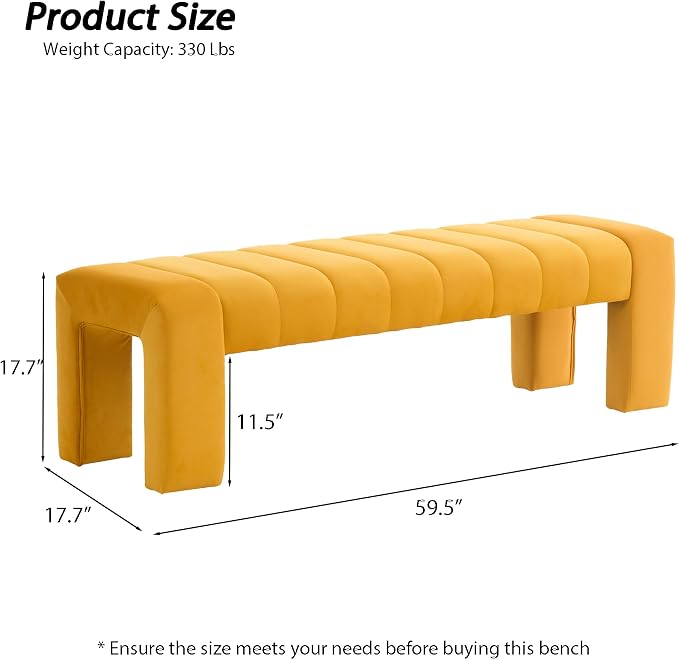 59" Velvet Bench for Bedroom King Size Bed Window End of Bed, Mustard Yellow | - Image 2